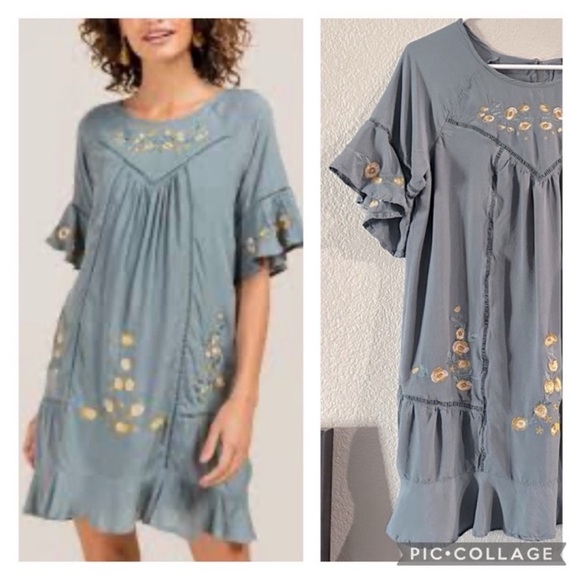 Blue Rain Dresses & Skirts - Blue Rain Dusty Blue & Yellow Embroidered Ruffle Mini Dress Size Medium